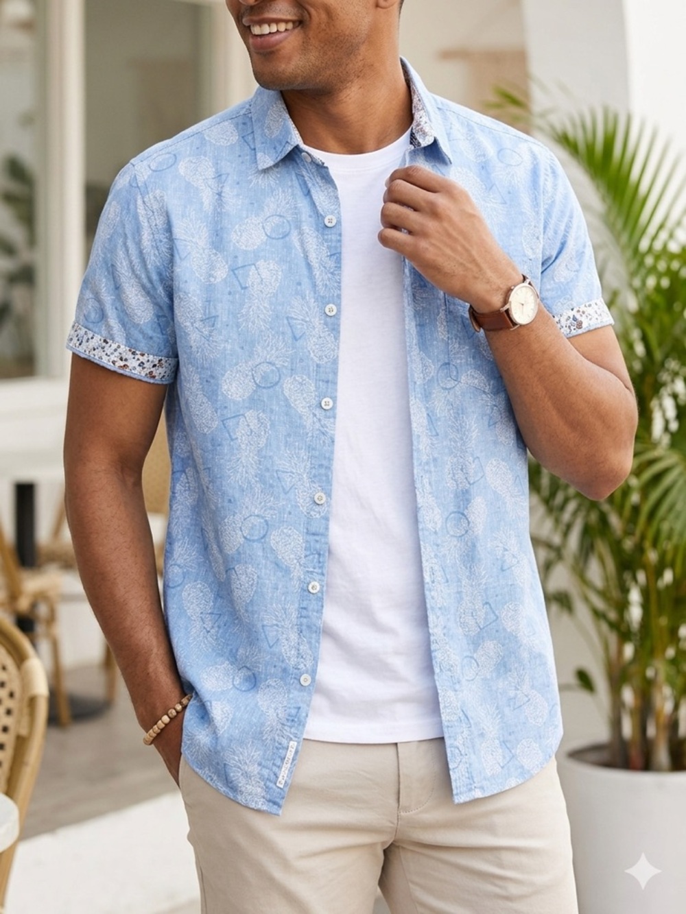 Denim & Flower Light Blue Pineapple-Print Short Sleeve Button-Down Shirt